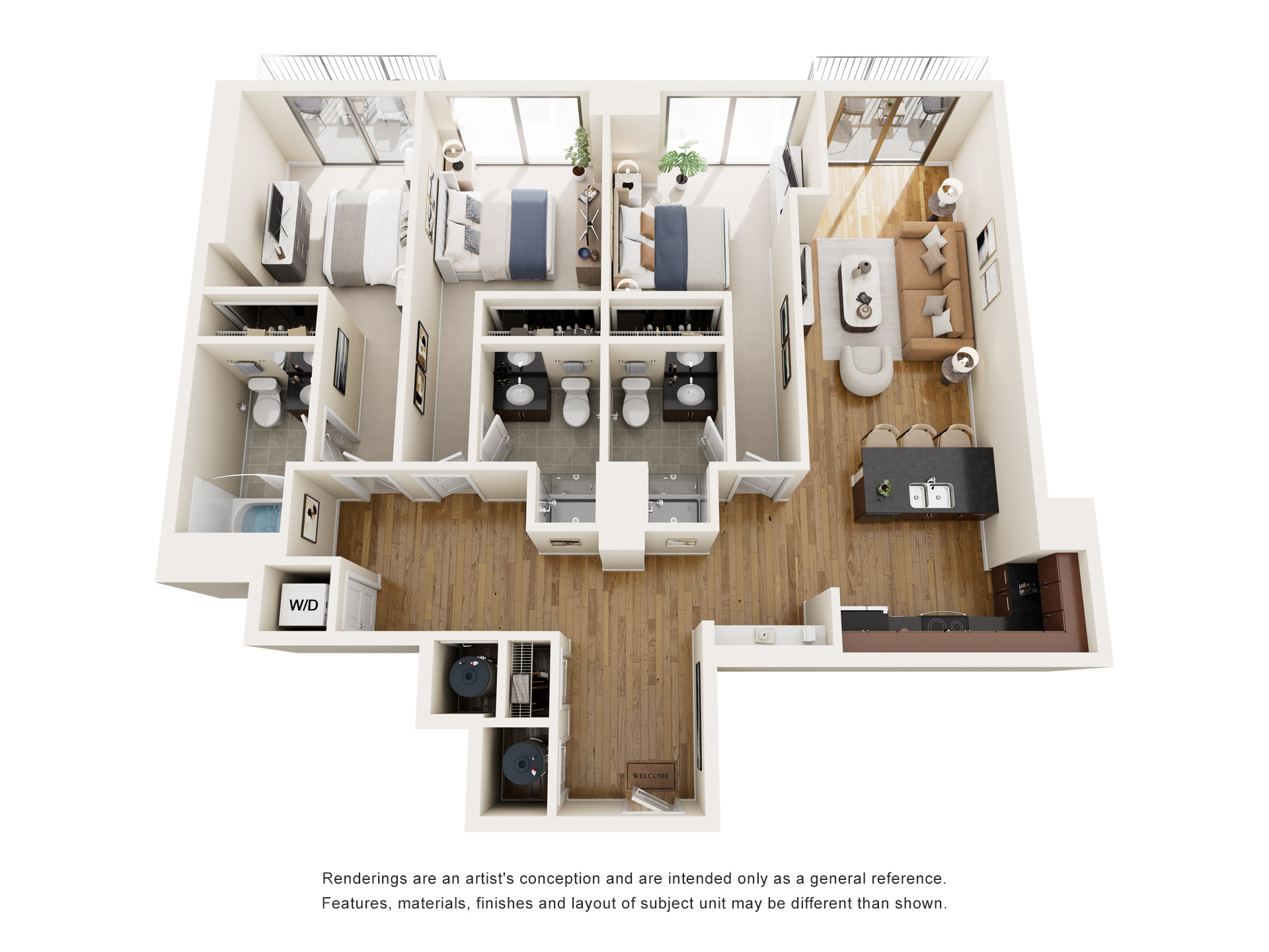 Floor plan for 3 beds, 3 baths, 1412 sqft